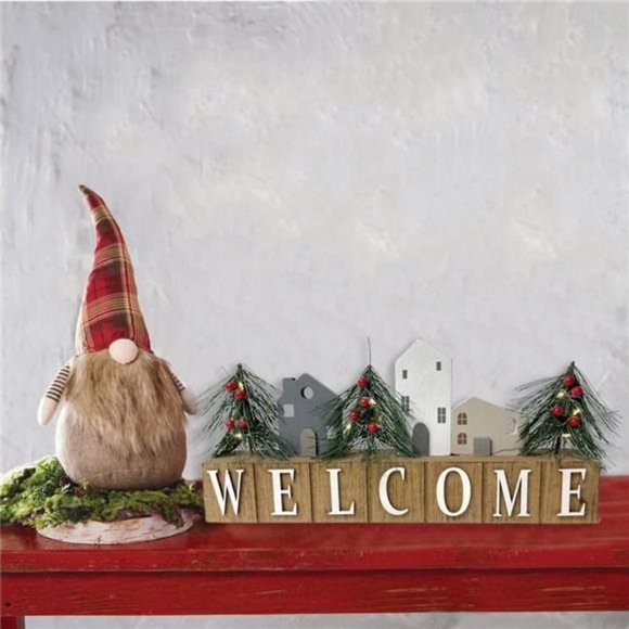 LED Welcome Christmas Tree Sign Wooden Rustic Farmhouse...